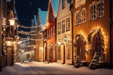 Fototapeta na wymiar A snowy European village street, adorned with Christmas lights and decorations.