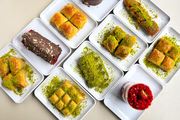 Table scene of assorted take out or delivery foods. Traditional Turkish cuisine. Various Turkish meal and appetizers. Top down view on a table.