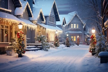 A snowy European village street, adorned with Christmas lights and decorations. - obrazy, fototapety, plakaty