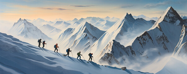 A group of tourists climbing on the mountains. generative ai