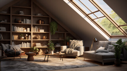 An attic is transformed into a warm and inviting space with a skylight and exposed beams