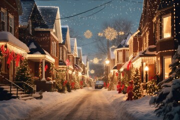A snowy street, adorned with Christmas lights, under a night sky.
