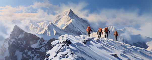 A group of tourists climbing on the mountains. generative ai - obrazy, fototapety, plakaty