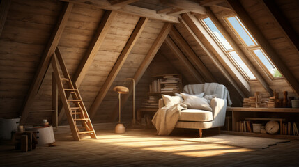 Fototapeta na wymiar An attic with exposed beams and a sloped ceiling is filled with natural light and a cozy armchair