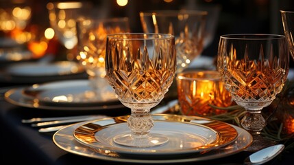 Closeup Glasses Tableware Evening Dinner Party, Bright Background, Background Hd