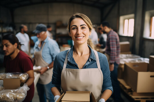 Portrait of woman with charity box and group of volunteers at assistance center. Charity, donation, and volunteering concept.