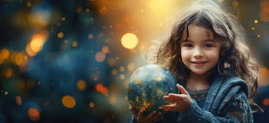 A small girl hugs a replica of the planet Earth. World Children's Day concept. Generative Ai.