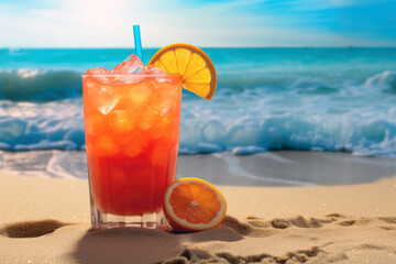 Obraz premium Orange cold cocktail on sandy beach against blue water background. Tropical beverage with citrus slices and ice cubes in soft sunny light. Sea vacation and travel concept