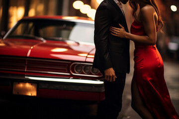 Sexy elegant couple in tender passion near the car - obrazy, fototapety, plakaty