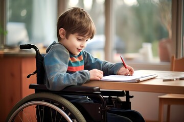 boy in wheelchair doing homework at home