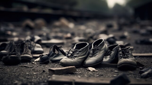 A pile of shoes on the ground, the symbol of Holocaust memory, AI