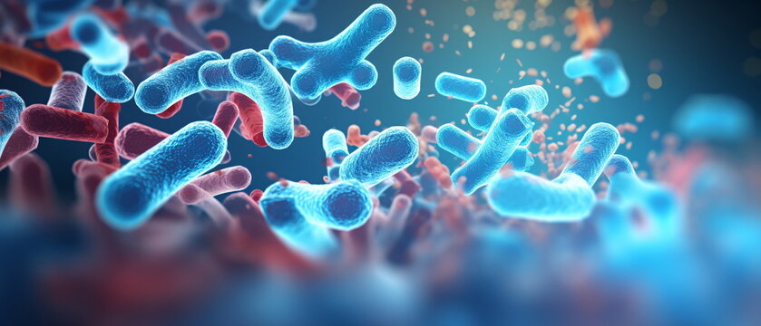 close up of Probiotic bacteria biology science microscopic medicine digestion stomach microscopic. microbes molecules virus bacteria medicine concept Generative ai