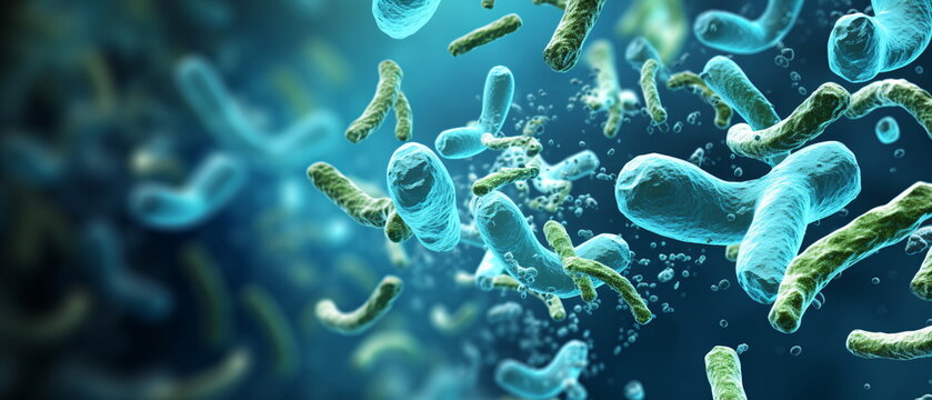 close up of Probiotic bacteria biology science microscopic medicine digestion stomach microscopic. microbes molecules virus bacteria medicine concept Generative ai