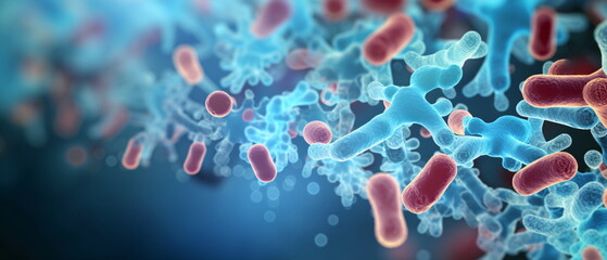 Naklejka premium close up of Probiotic bacteria biology science microscopic medicine digestion stomach microscopic. microbes molecules virus bacteria medicine concept Generative ai