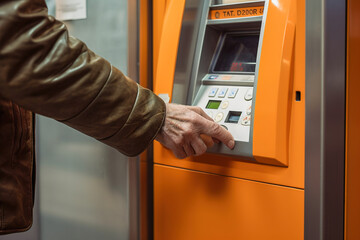 A man withdraws money from an ATM, hands close-up.