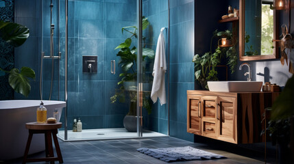 an eclectic bathroom with a glass shower stall and a wooden vanity and blue tile accents
