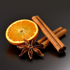 Generative AI illustrations, Dried orange, stars anise and cinnamon sticks isolated on white background.