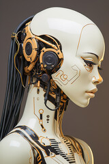 Female humanoid robot with mechanical parts in beige tones. Portrait, close-up.