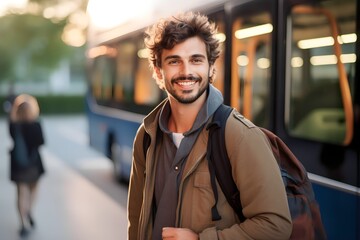 Portrait of young man going to work by bus at morning