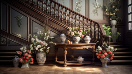 an eclectic entryway with a grand wooden staircase and a console table with a vase of flowers