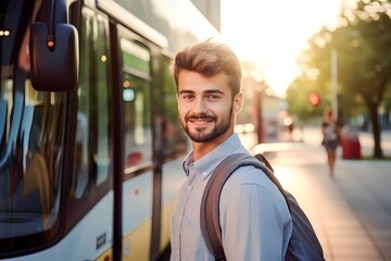Portrait of young man going to work by bus at morning