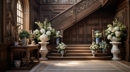 Fototapeta na wymiar an eclectic entryway with a grand wooden staircase and a console table with a vase of flowers