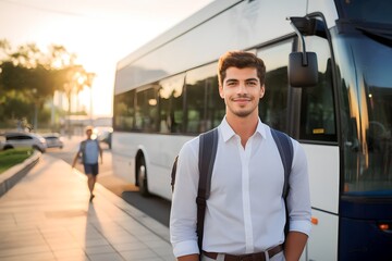 Portrait of young man going to work by bus at morning - obrazy, fototapety, plakaty
