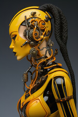 Female humanoid robot with mechanical parts in yellow tones. Portrait, close-up.