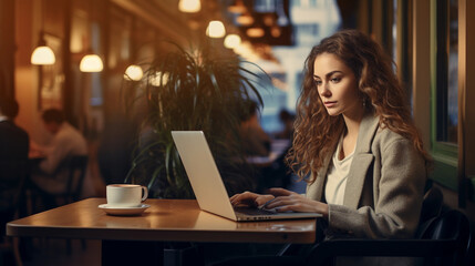 Person working on laptop in cafe. Coworking space with beautiful interior. Beautiful brunette business woman using computer at restaurant with plants.