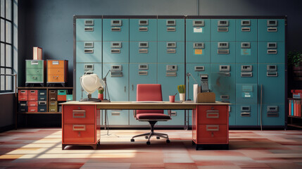 an eclectic office with a metal desk and a wall of filing cabinets and a rug on the floor