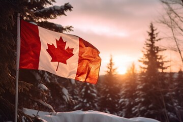 beautiful canadian flag in the cold winter - obrazy, fototapety, plakaty