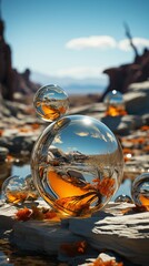 crystal ball on the water. Art surrealism.
