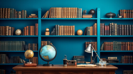 an eclectic study with a bright blue wall and a wooden desk and a bookcase filled with books - obrazy, fototapety, plakaty