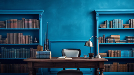 an eclectic study with a bright blue wall and a wooden desk and a bookcase filled with books