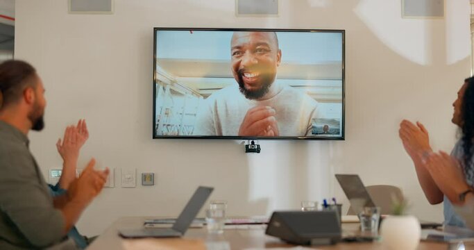Applause, black man presentation and business people in a webinar meeting for planning, success and achievement. Teamwork, support and employees clapping for a global client in a virtual seminar
