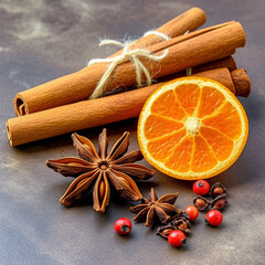 Generative AI illustrations, Frame with cinnamon sticks, anise and dried orange on light background.