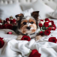 biewer york lying in bed full of red flower petals as background , in love on valentines day.