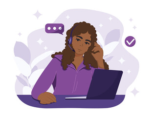 Customer service or customer support department. Young beautiful diverse woman work with headset and laptop. Assistance, call center. Flat Vector Illustration