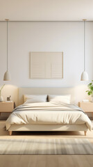Interior of a modern bedroom in white and beige tones in a minimalist style, comfortable king size bed.