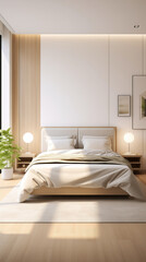 Fototapeta na wymiar Interior of a modern bedroom in white and beige tones in a minimalist style, comfortable king size bed.