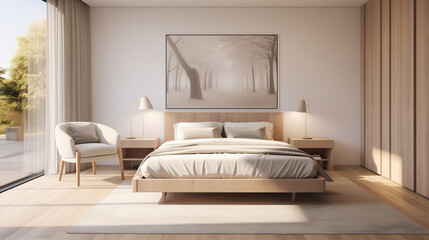 Interior of a modern bedroom in white and beige tones in a minimalist style, comfortable king size bed.