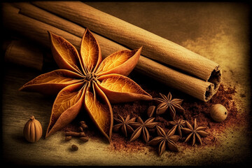 Close up Cinnamon sticks and star anise (badiane) ,coriander seeds, cardamon or sichuan pepper in wooden spoon .