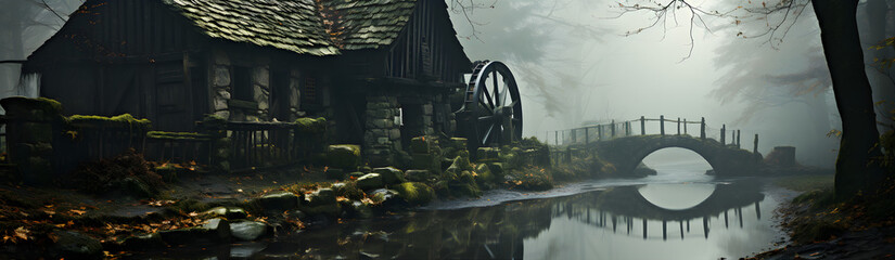 Misty Forest And An Old Water Mill. Feelings of anxiety, melancholy and fear. Generative AI - obrazy, fototapety, plakaty