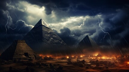 ancient egyptian pyramids on a dark night and many storms