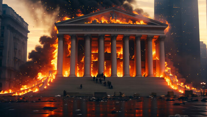 A bank burns after a bank run. - obrazy, fototapety, plakaty