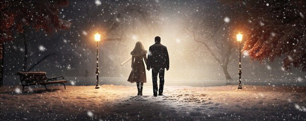 A pair of woman and man in falling love in the snowy landscape. generative ai