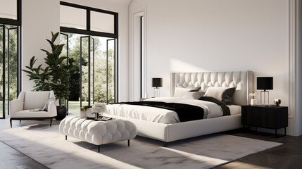 an elegant bedroom with a plush navy blue carpet and white walls and a large white bed with a tufted headboard
