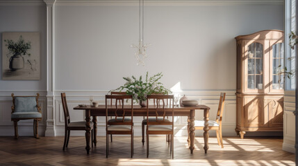 an elegant dining room with a wooden table and chairs and a buffet and a crystal