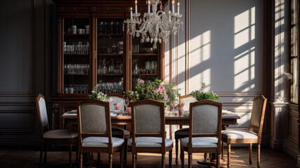 an elegant dining room with a wooden table and chairs and a buffet and a crystal chandelier