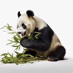 a panda eating bamboo on an isolated white background
